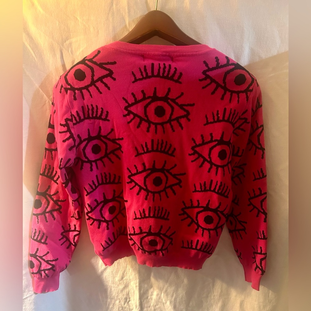 Lizette Collection Evil Eye Knit Sweater XL Pink Red Boho Cottagecore - Picture 2 of 5